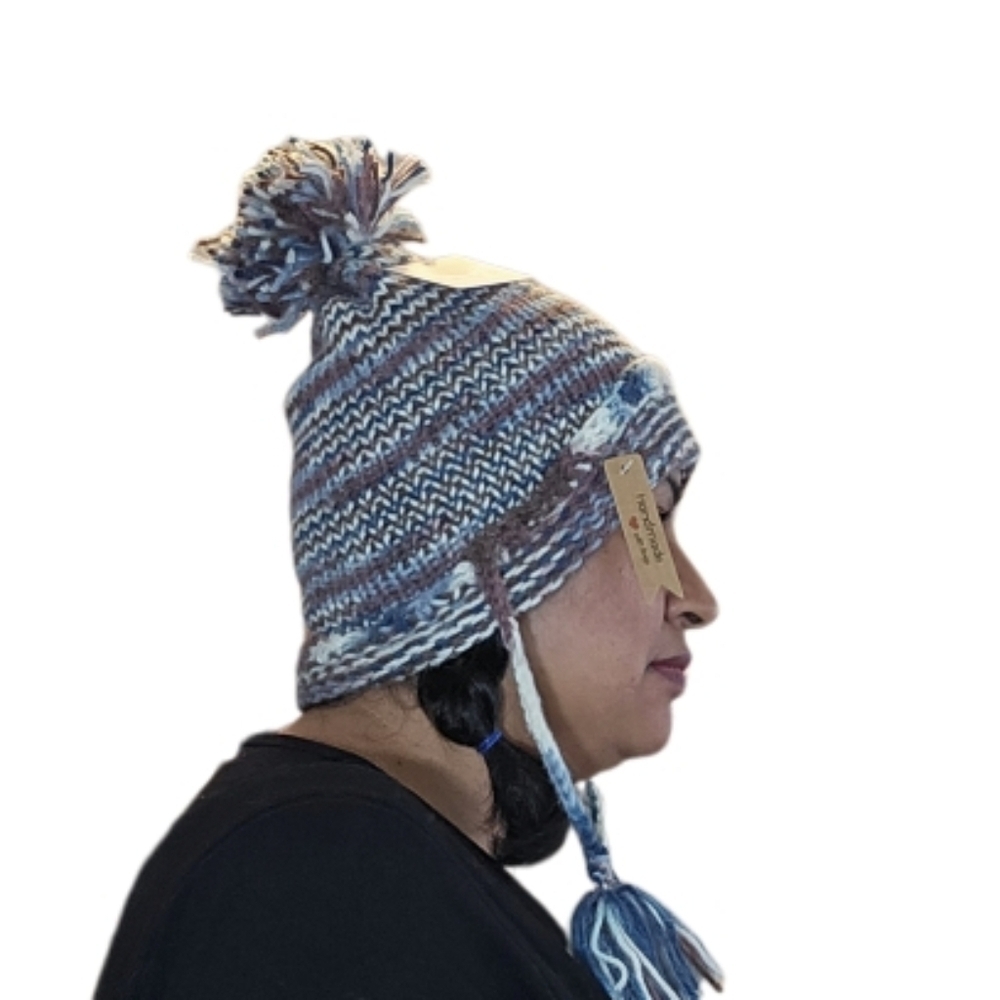 Hand Crafted Winter Hat Handmade knitted pom pom beanie multicolored crochet cap - Picture 7 of 17